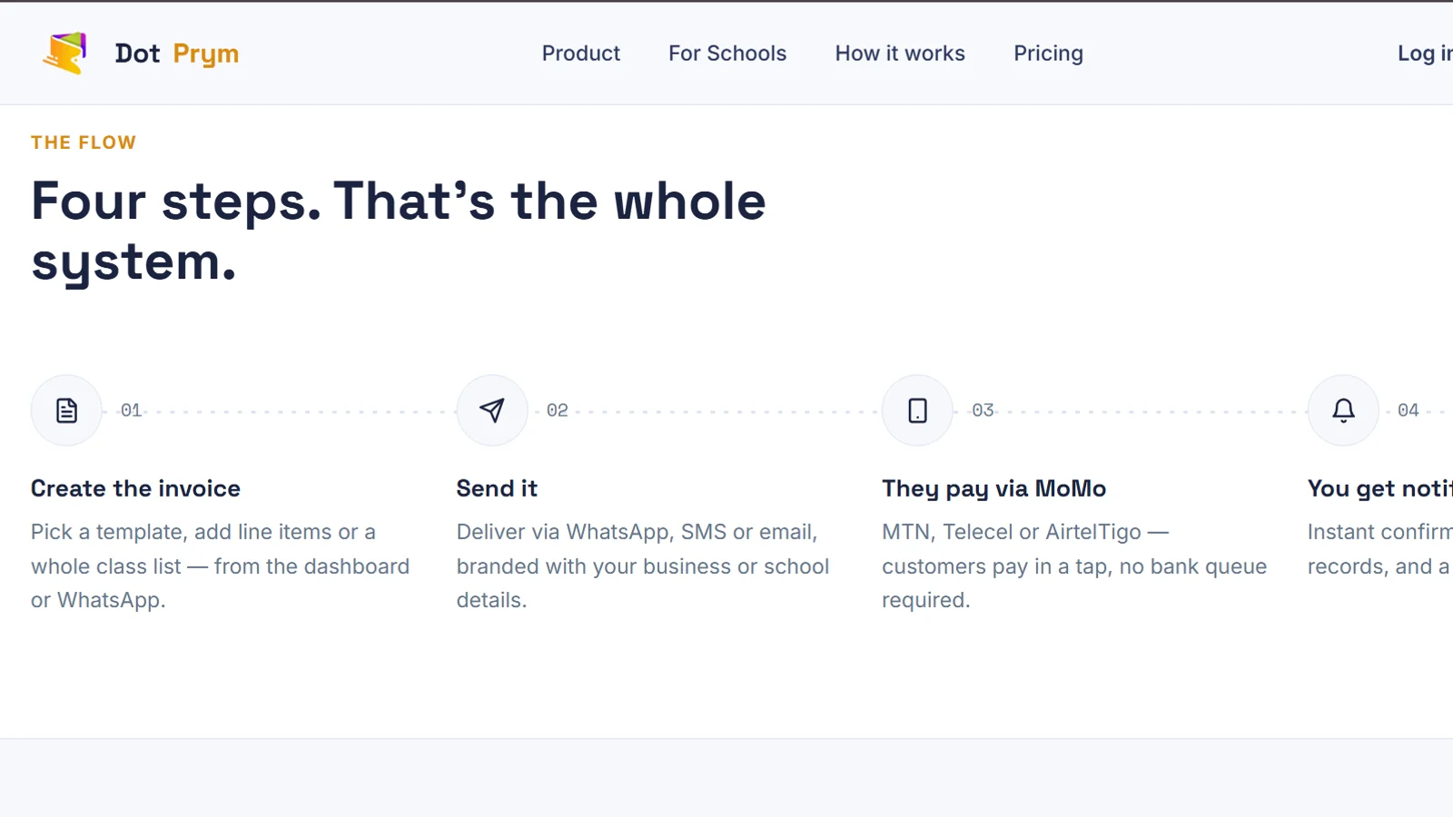 The flow: create, send, they pay via MoMo, you get notified