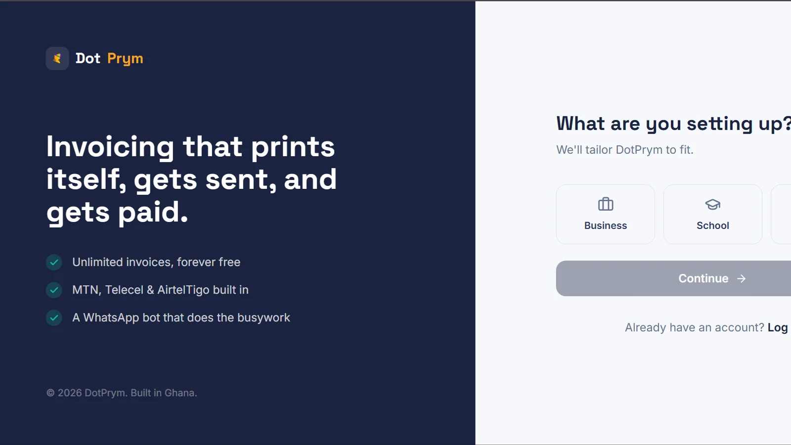Sign-up: choose business, school or hospital