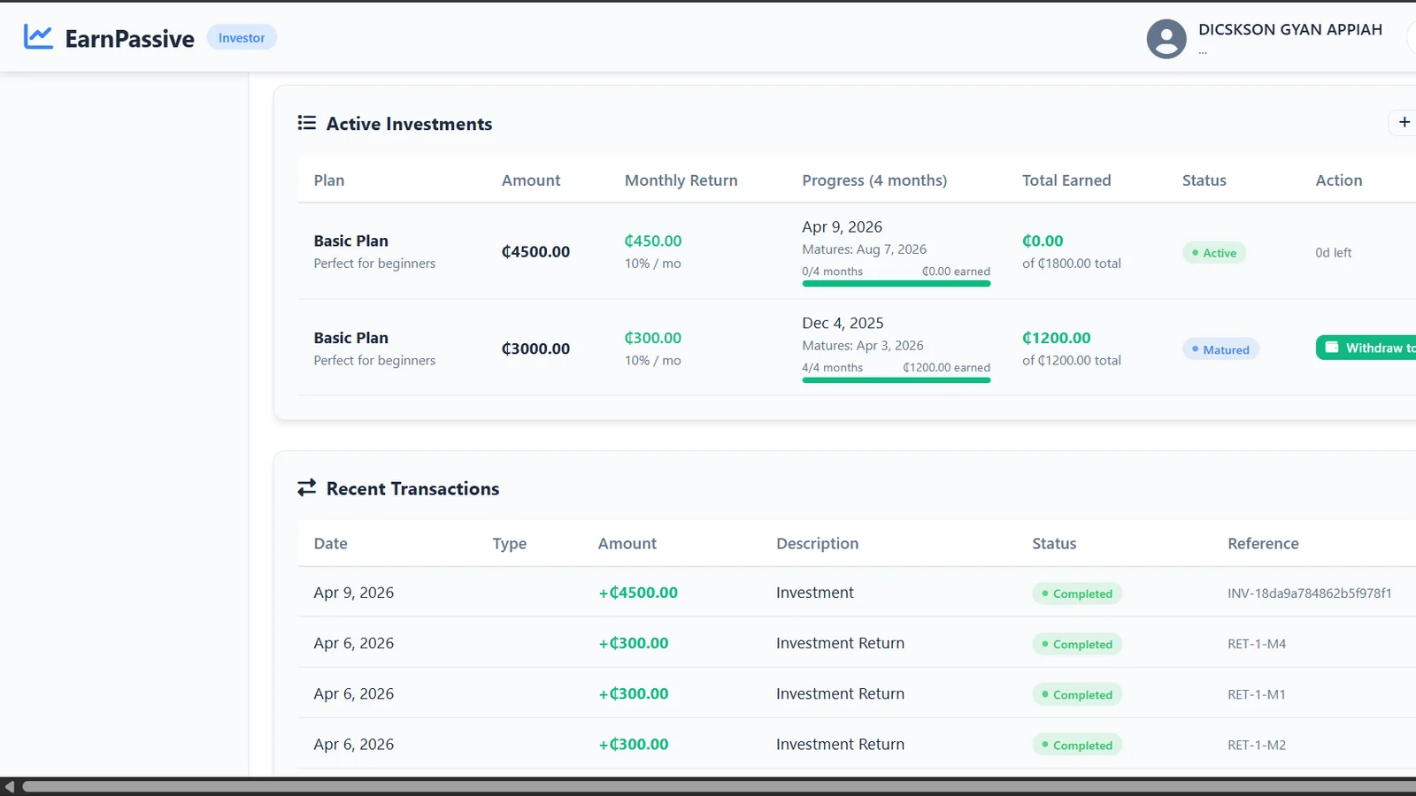 Active investments with progress, earnings and withdraw-to-wallet