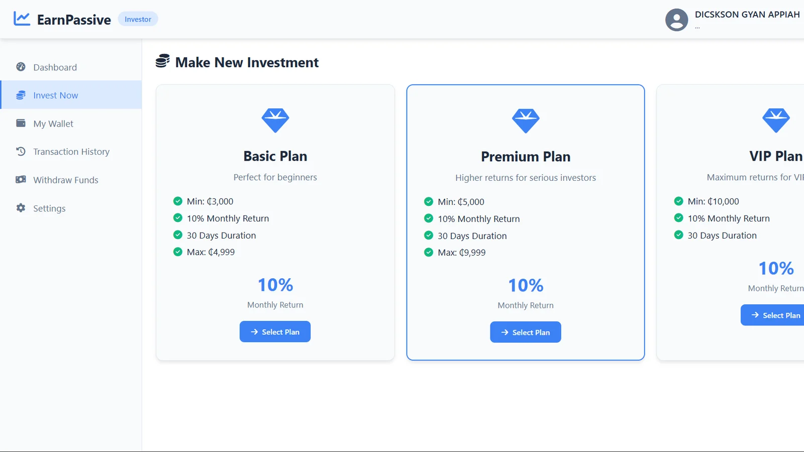 Investment plans with minimums, maximums and monthly return