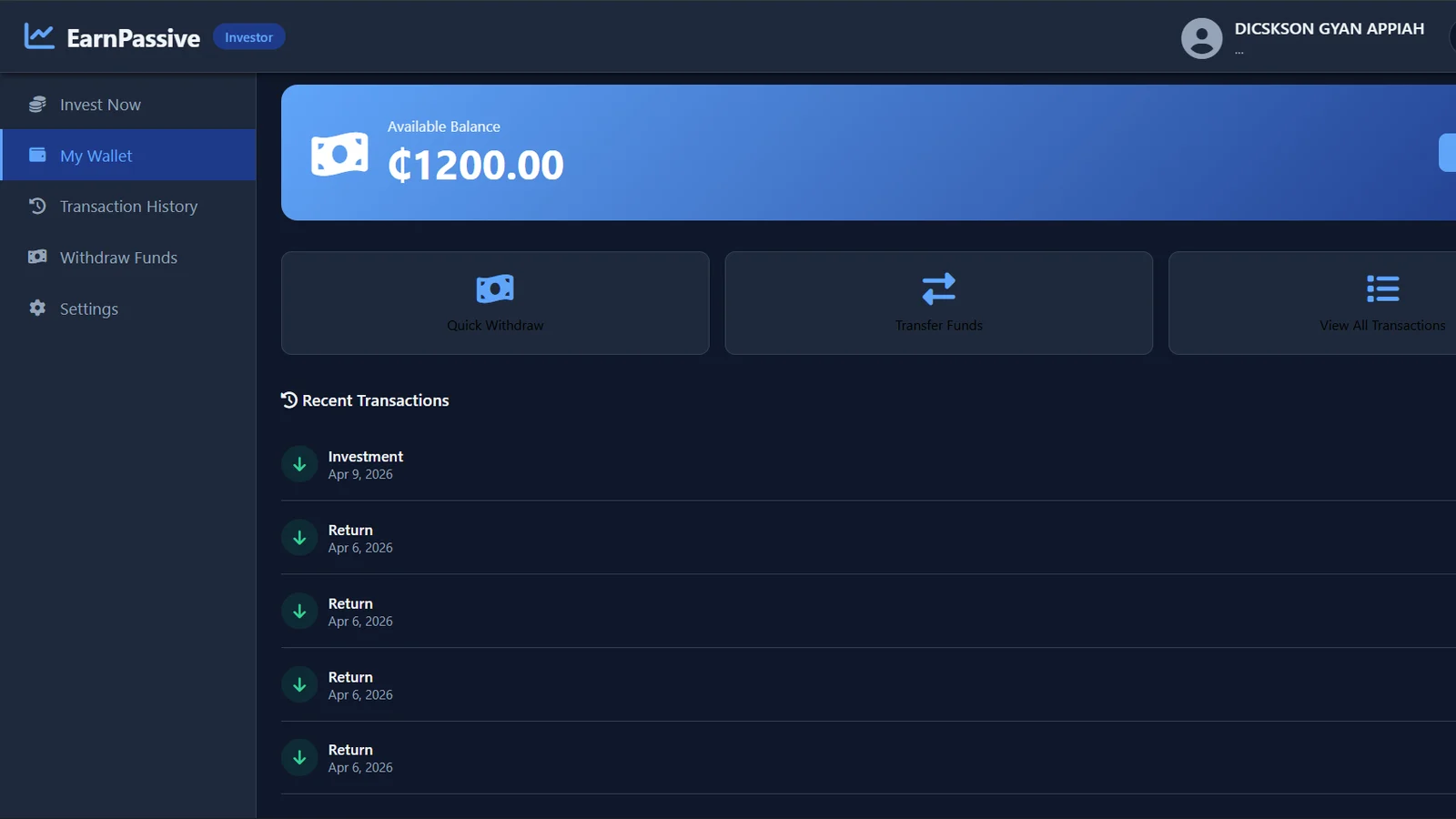 Wallet: balance, add funds, withdraw, transfer and transactions