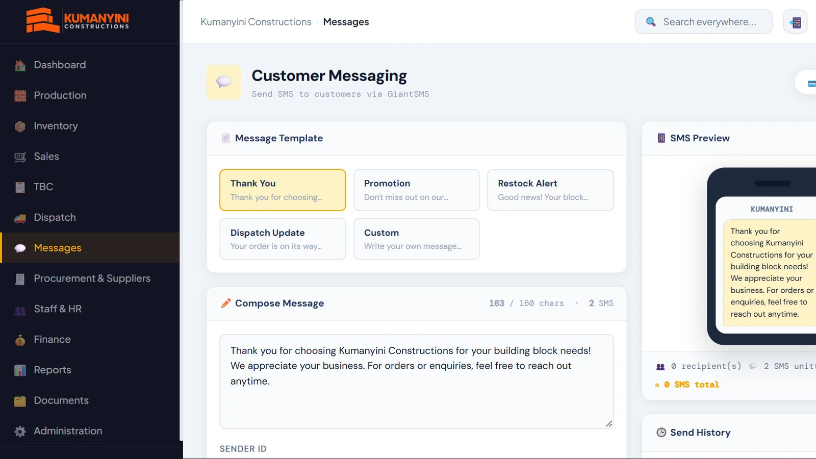 Customer messaging: SMS templates, live preview and send history