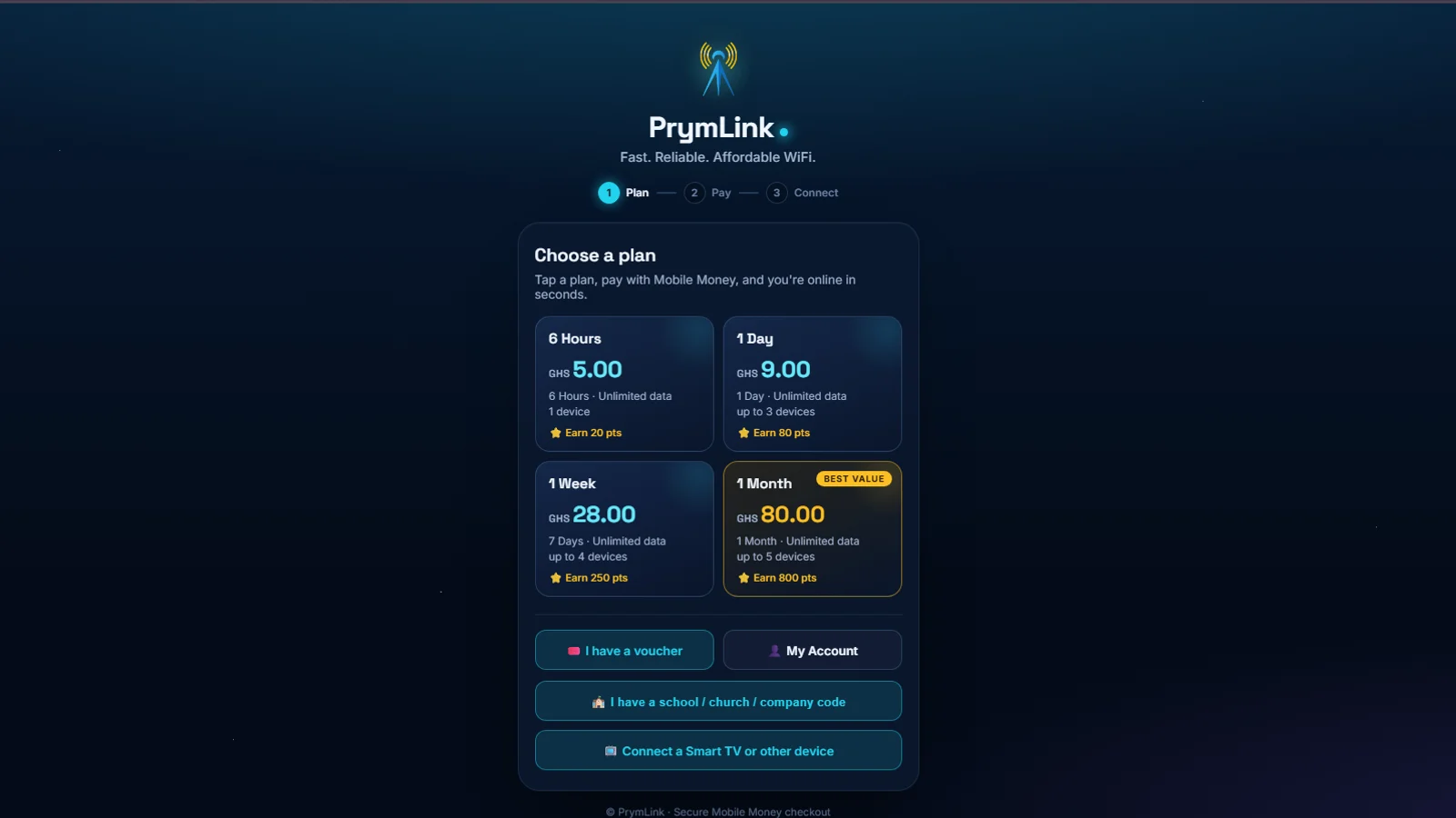 Captive portal: customers choose a plan and see the loyalty points it earns