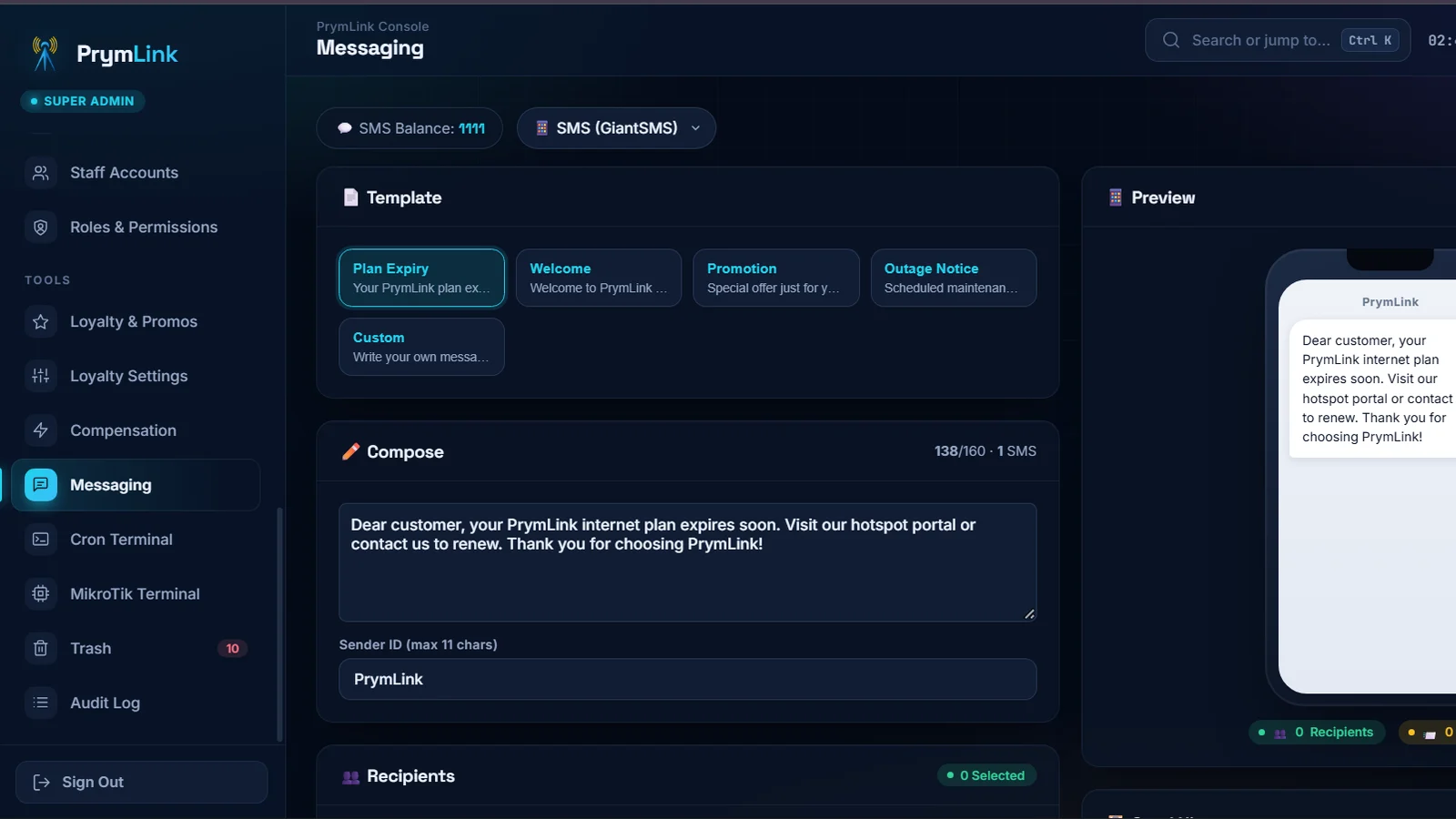Bulk SMS messaging with ready-made templates and a live phone preview