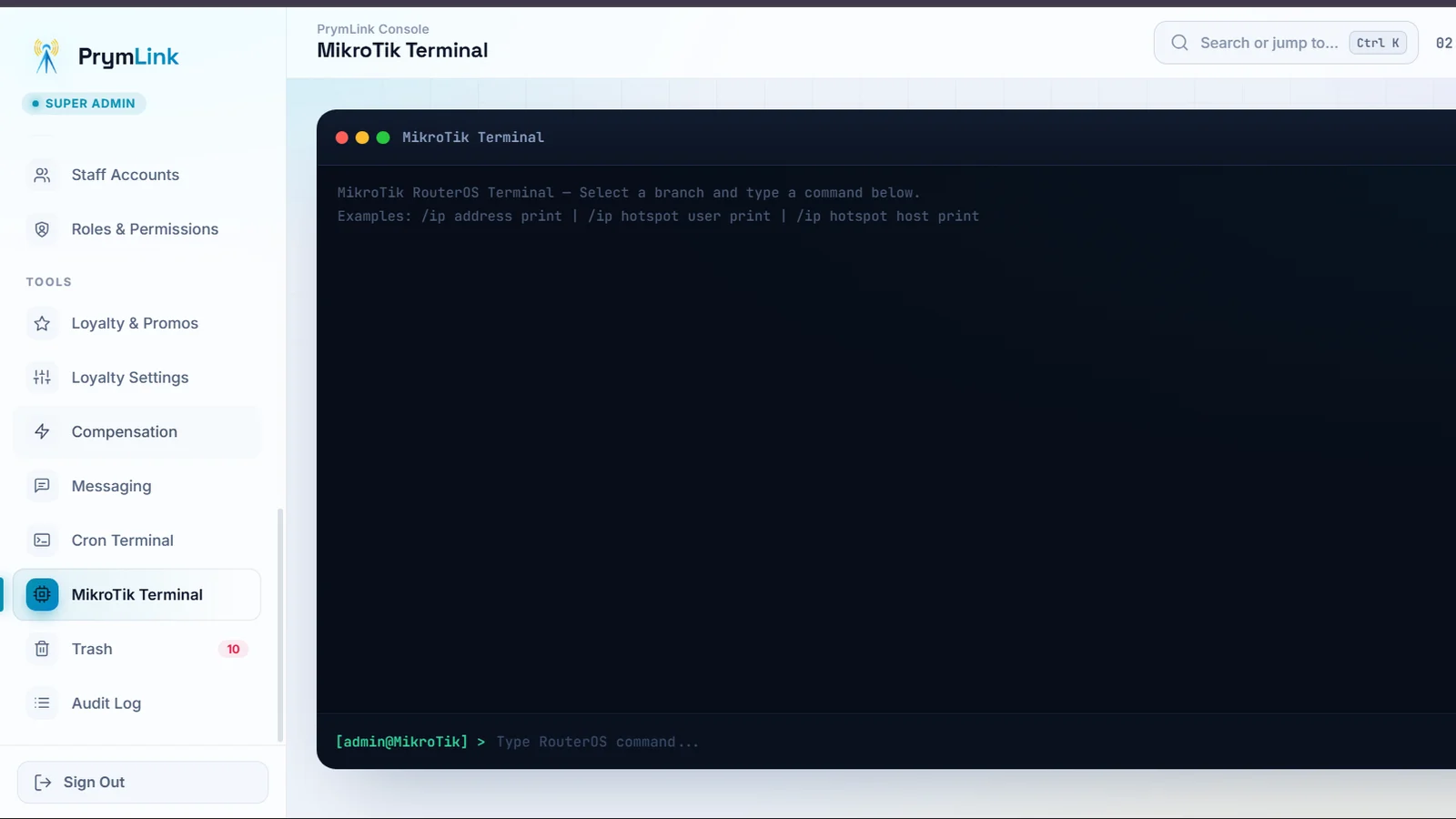 MikroTik terminal: run RouterOS commands against any branch's router