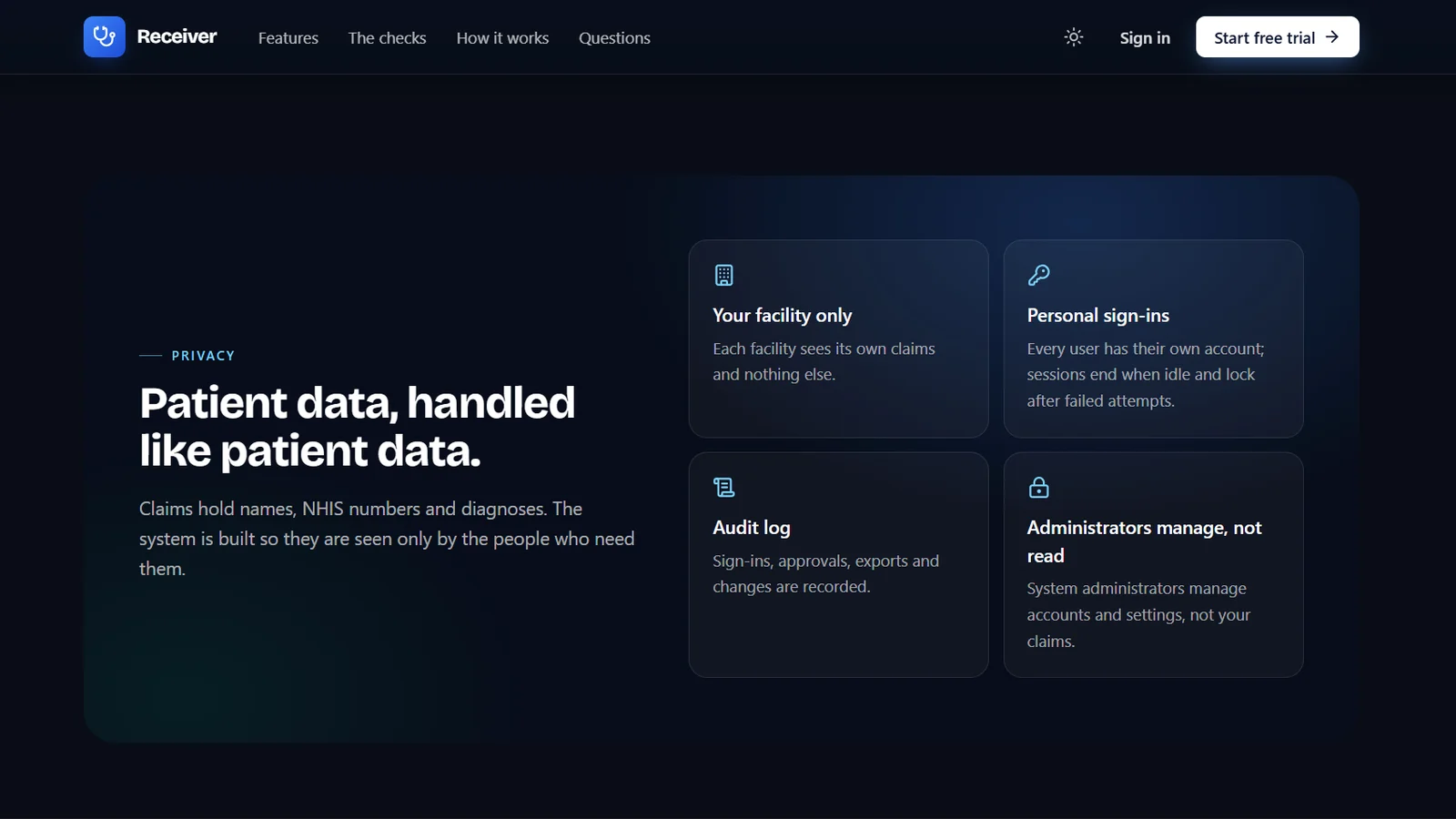 Privacy: facility-only data, personal sign-ins and an audit log