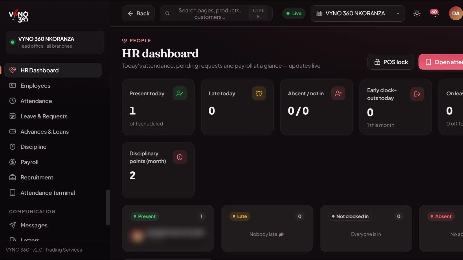 HR dashboard: attendance, lateness, leave and discipline, live